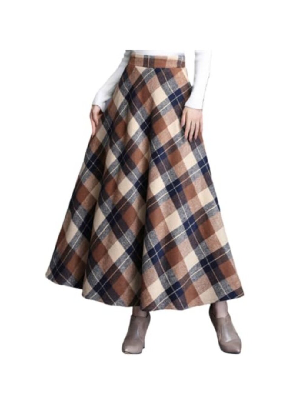 Plaid Wool Blend A-Line Maxi Skirt High Waist Pleated Winter